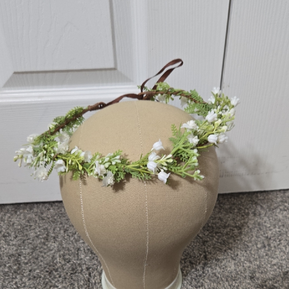 Floral Headband with White & Green Faux Flowers, Plastic & Silk, Ties W/Ribbon
